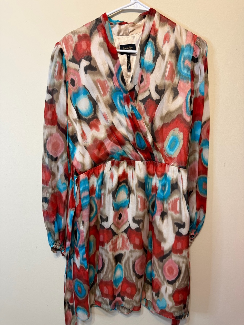 Laundry By Shelli Segal Red, Blue & Cream Abstract Wrap Dress 2500